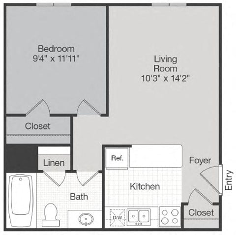 Floor plan for 1 bed, 1 bath, 500 sqft